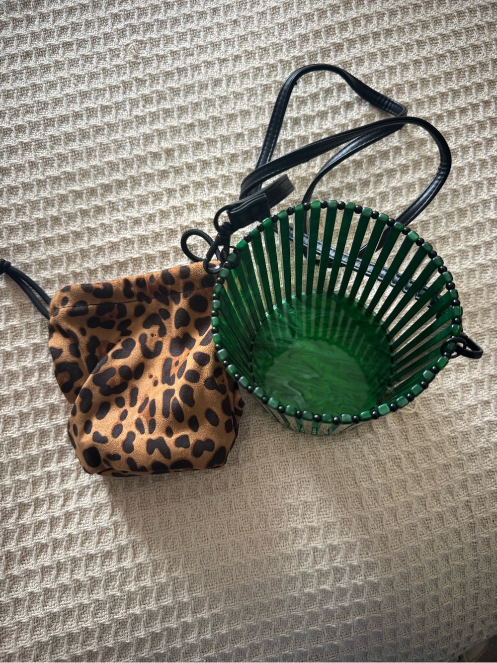 Green Beaded Bucket Crossbody with Leopard Drawstring Pouch